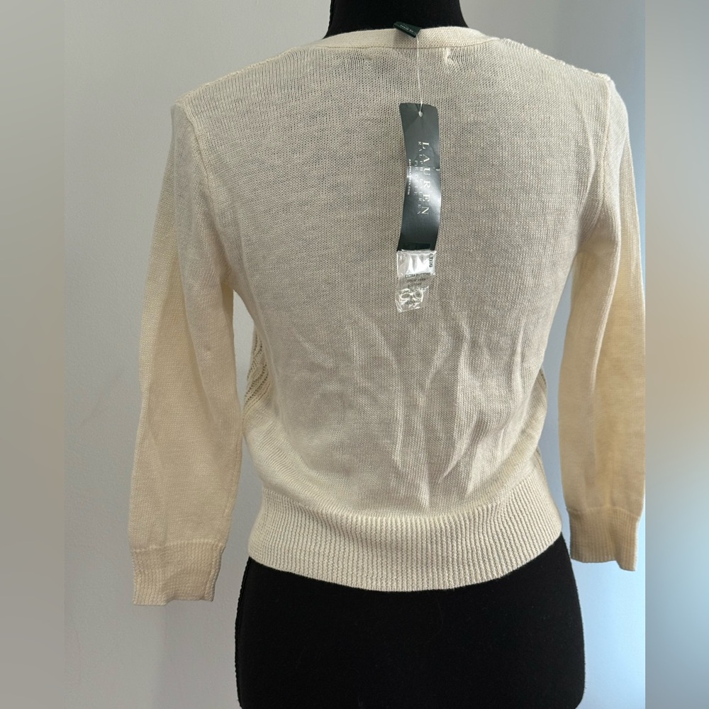 New Lauren Ralph Lauren PXS Green Label Cream Cable Knit Cardigan66% Linen 663 - Picture 7 of 8